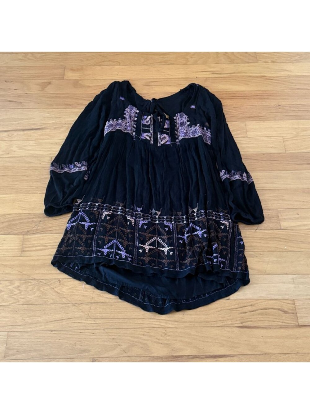 Free People Women's Large Rhiannon Boho Embroidered Black Mini Dress